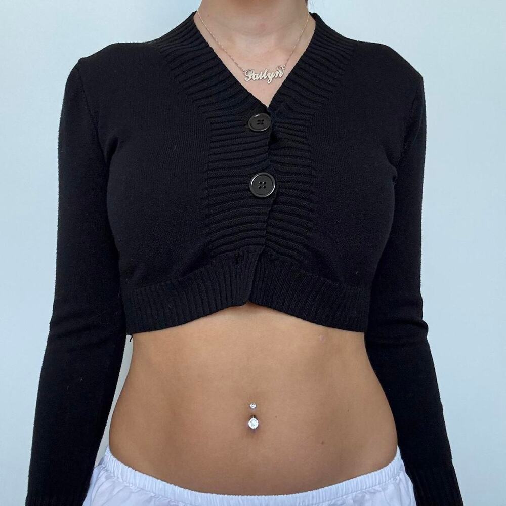 Y2K Black Cropped Cardigan w/ Big Buttons - Picture 2 of 4